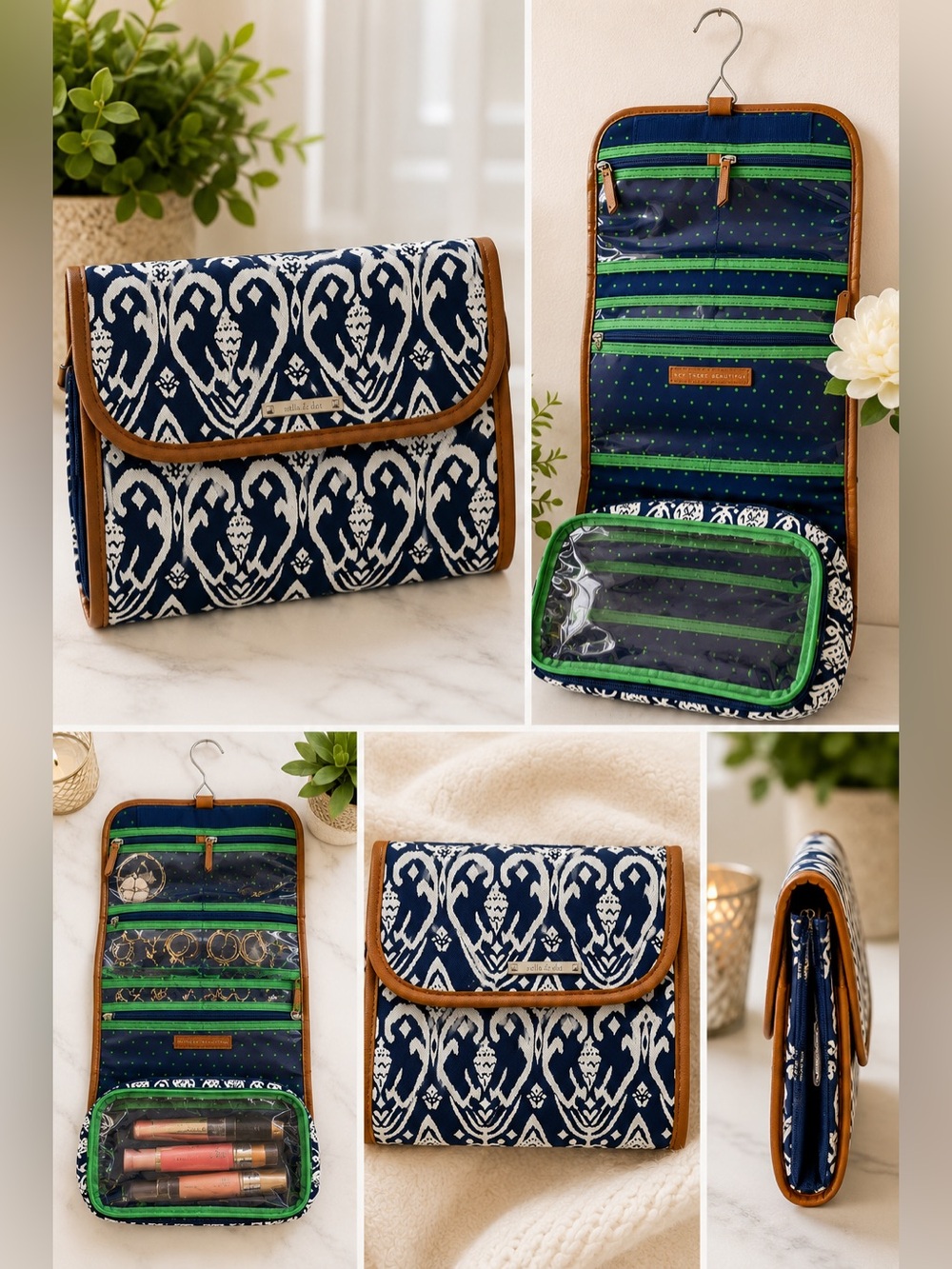 Stella & Dot Navy and White Travel Jewelry & Cosmetic Organizer with Brown Trim